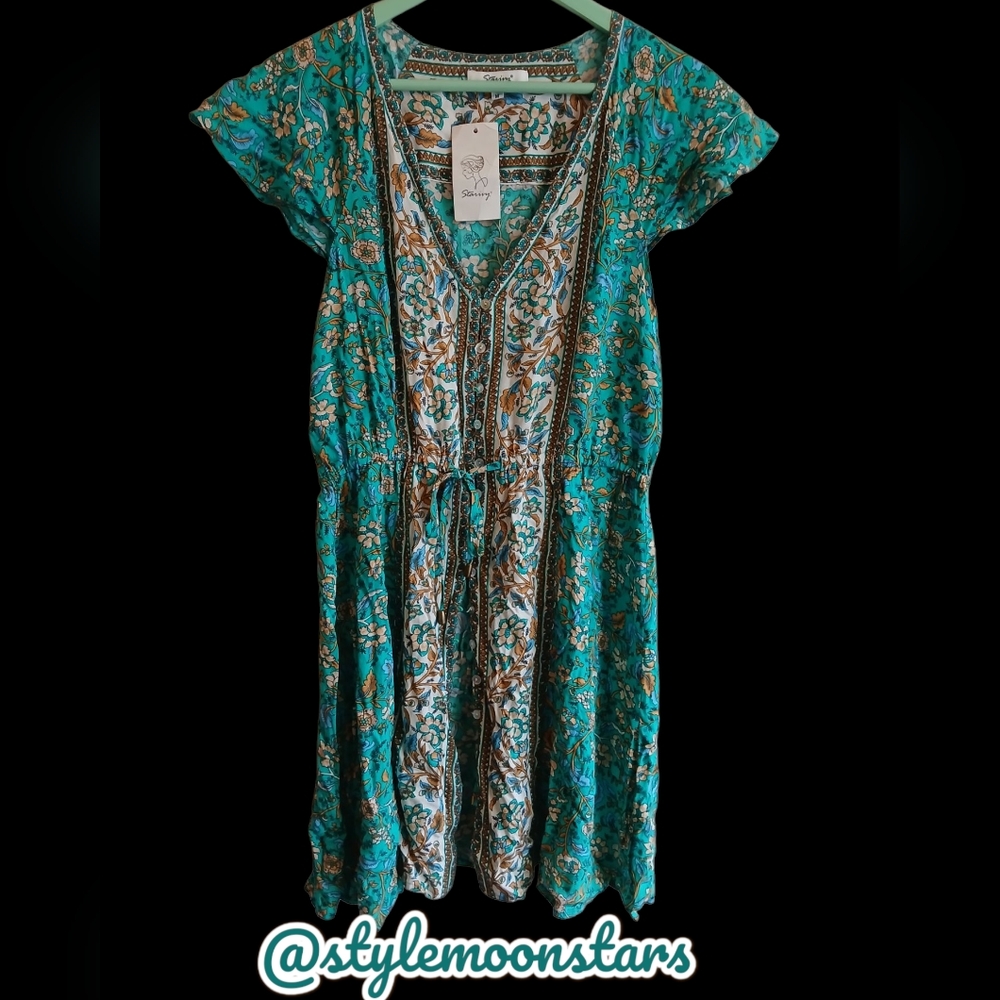 NWT Boutique Boho Floral Teal Button Down Dress Women's Size Medium